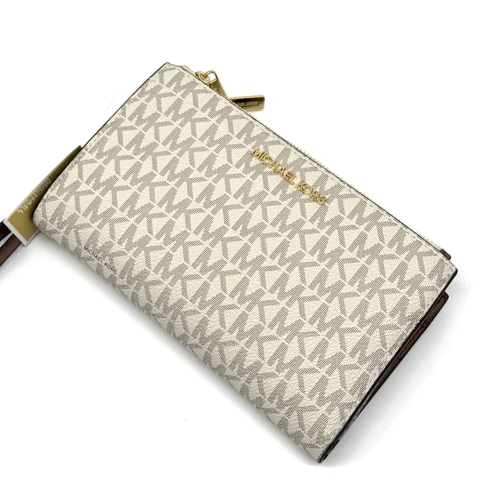 Michael Kors Large Jet Set Travel Signature Double Sip Wallet Wristlet - Vanilla